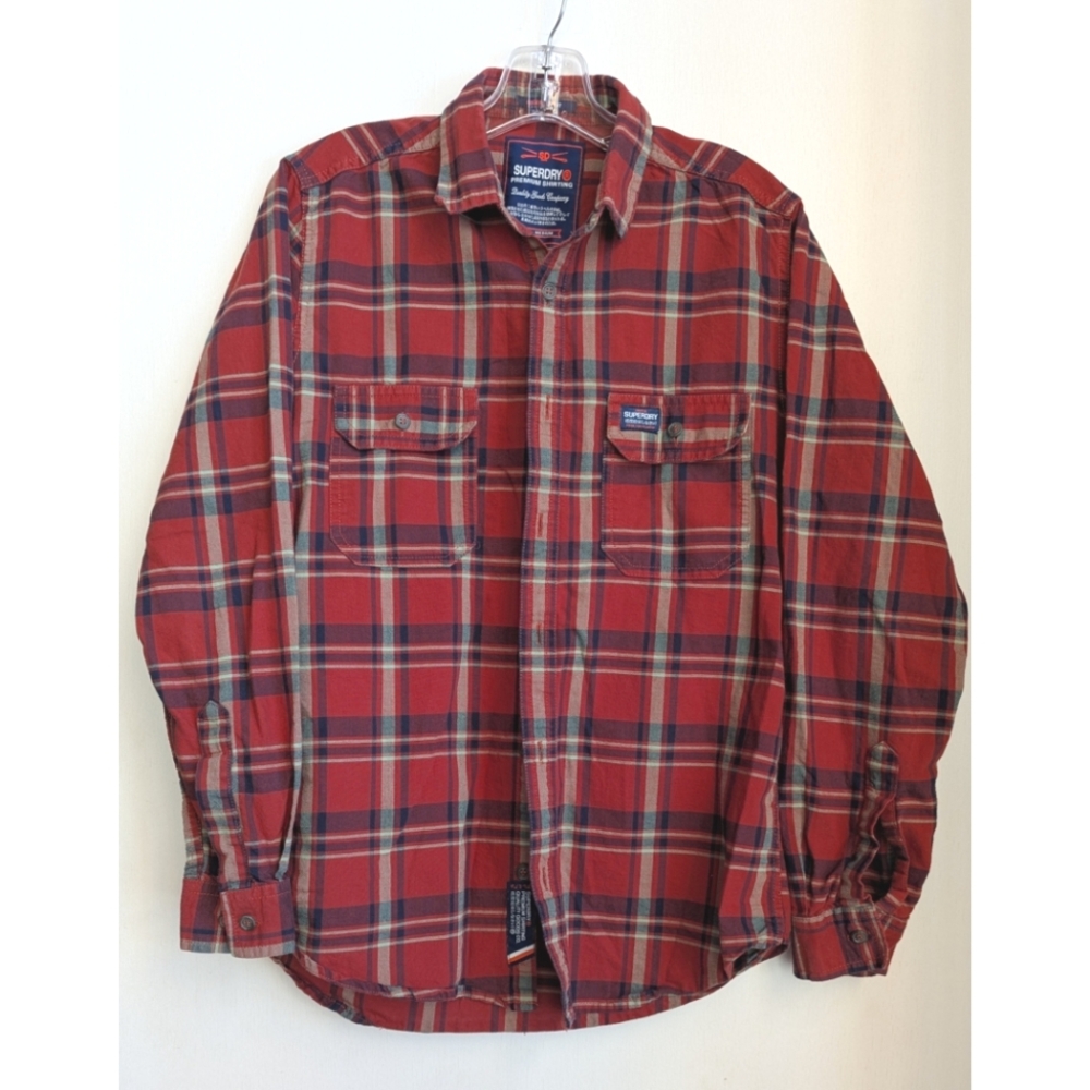 Superdry Men's Red-Orange Tan Plaid Workwear Buttondown Shirt Long Sleeve Sz M